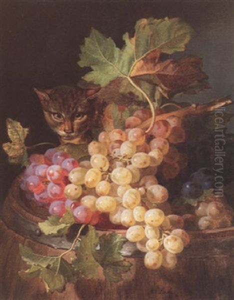 Stilleben Mit Weintrauben Und Katze Oil Painting by Andreas Lach