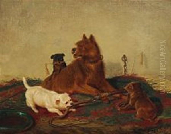 Dog Playing With Puppies Oil Painting by F. Sigmund Lachenwitz