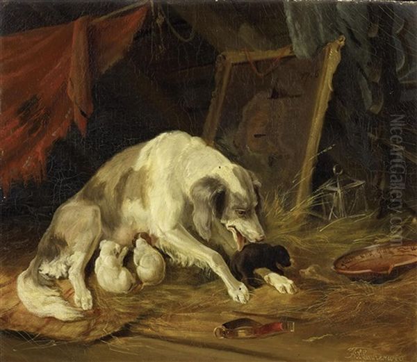 Die Hundemutter Mit Ihren Welpen by F. Sigmund Lachenwitz