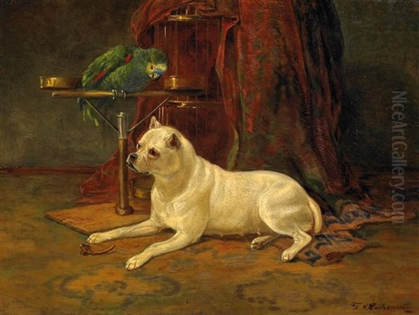 Papagei Und Terrier In Der Stube Oil Painting by F. Sigmund Lachenwitz