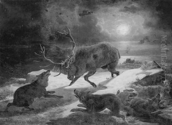 Elk Charging A Wolf Oil Painting by F. Sigmund Lachenwitz