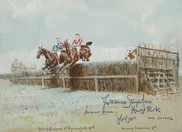 The Middlesex Steeple-chase, Hurst Park; Thegrand Sefton Steeple-chase Oil Painting by John Beer