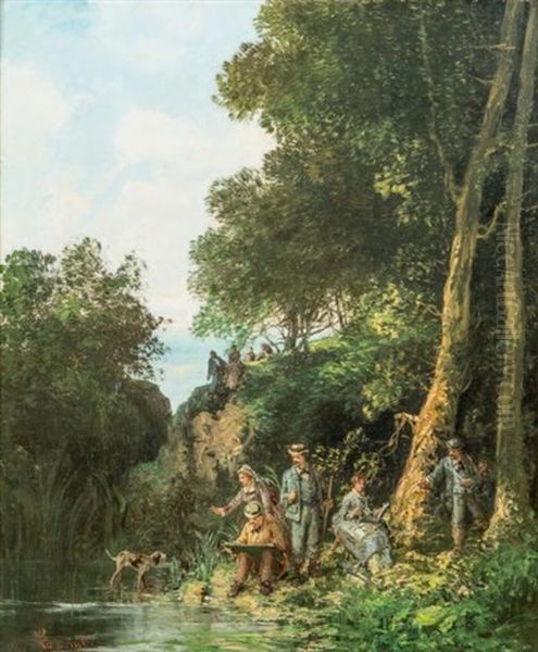 Partie De Campagne Au Bord De L'eau Oil Painting by Henri-Germain Lacombe