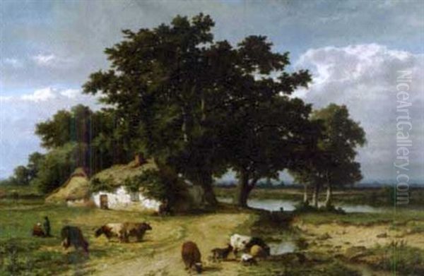 Personnages Et Betail Dans Un Paysage Champetre Oil Painting by Adolphe Lacomble