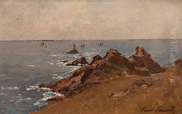 Blick Auf Die Pointe Du Raz In Der Bretagne, Im Hintergrund Der Leuchtturm Ar Men Oil Painting by Paul Lacomte (Laconte)