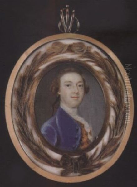 A Gentleman Wearing Blue Coat, Red Embroidered Gold Waistcoat, White Lace Cravat And Stock, His Hair Worn En Queue And Held With A Black Ribbon Oil Painting by J. Lacon