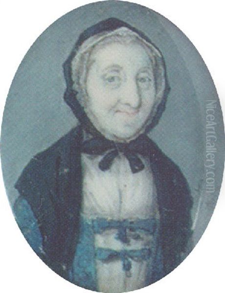 A Elderly Lady, Wearing A Blue Dress Tied With Ribbons Over A White Underdress, Black Shawl And Matching Bonnet Oil Painting by J. Lacon