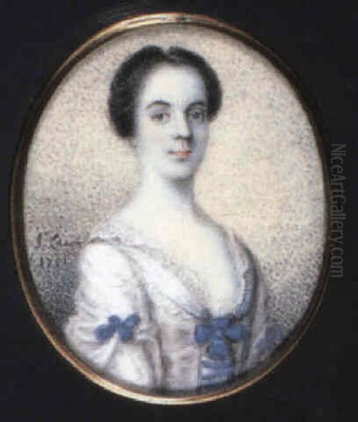 A Fine Portrait Of A Lady, In Decollete White Dress Trimmed With Blue Ribbons, Lace Underslip Oil Painting by J. Lacon