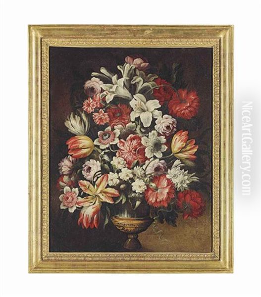 Lilies, Tulips, Peonies, Carnations And Other Flowers In A Bronze Urn Oil Painting by Gabriel de LaCorte