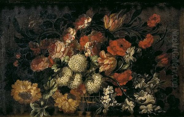 Bodegon De Rosas, Tulipanes, Hortensias, Crisantemos Y Fresias En Un Cesto De Mimbre by Gabriel de LaCorte