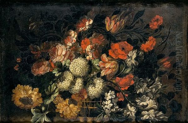 Bodegon De Rosas, Tulipanes, Hortensias, Crisantemos Y Fresias En Un Cesto De Mimbre Oil Painting by Gabriel de LaCorte