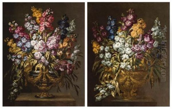 A Pair Of Still Lifes Of Flowers In Elaborate Gilt Urns, Each On A Stone Pedestal (pair) Oil Painting by Gabriel de LaCorte