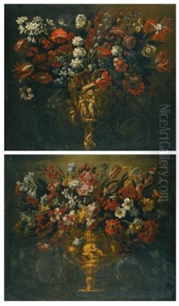 A Pair Of Flower Still Lifes In Sculpted Vases, Flanked By Sculpted Scrollwork (pair) Oil Painting by Gabriel de LaCorte