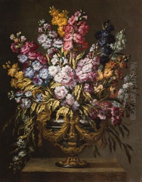 Still Life Of Flowers In Elaborate Gilt Urn, On A Stone Pedestal (+ Another; Pair) Oil Painting by Gabriel de LaCorte