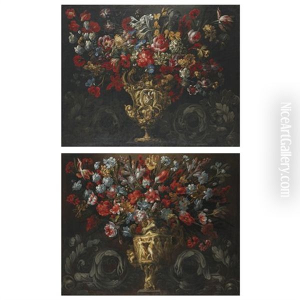 Still Lifes Of Flowers In Sculpted Vases, Flanked By Sculpted Scrollwork With Eagle Heads (pair) Oil Painting by Gabriel de LaCorte