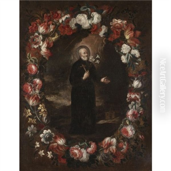 Saint Francis Xavier Surrounded By A Garland Of Flowers Oil Painting by Gabriel de LaCorte