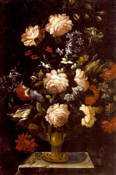 A Still Life With Flowers In A Vase On A Pedestal (+ Another; Pair) Oil Painting by Gabriel de LaCorte