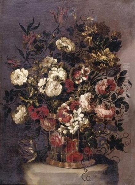 Still Life Of Flowers In A Woven Basket Oil Painting by Gabriel de LaCorte