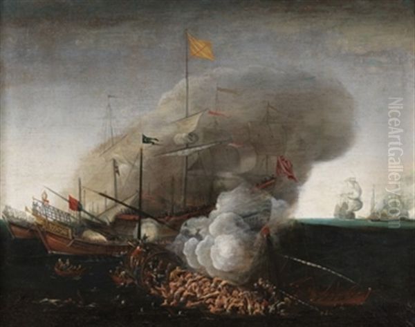 Combate Naval En El Mediterraneo(lepanto) Oil Painting by Juan de LaCorte