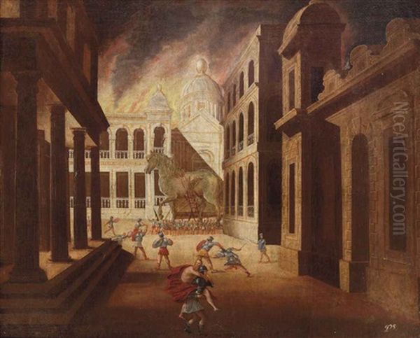 The Burning Of Troy, With The Trojan Horse And Aeneas Fleeing With Anchises In The Foreground Oil Painting by Juan de LaCorte