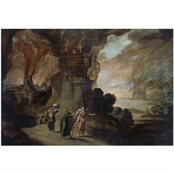 Lot And His Daughters Escaping From The Destruction Of Sodom And Gomorrah Oil Painting by Juan de LaCorte