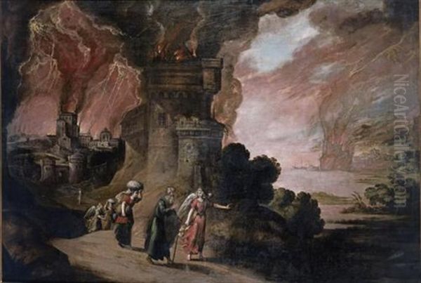 Lot And His Daughters Escaping From The Destruction Of Sodom And Gomorrah Oil Painting by Juan de LaCorte