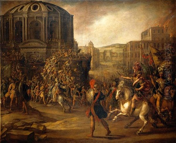 A Battle Scene With A Roman Army Besieging A Large City Oil Painting by Juan de LaCorte