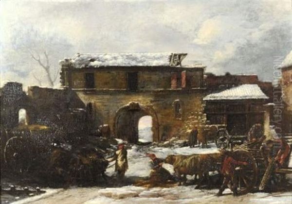 Coin De Ferme En Hiver Oil Painting by Pierre (Pere) (Delacour) Lacour