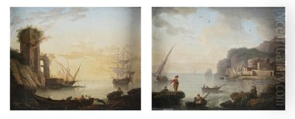 Pair Of Marine With Figures Oil Painting by Charles Francois Lacroix