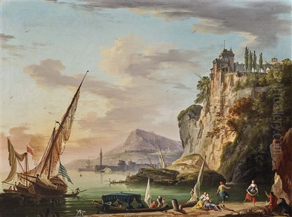 Southern Harbour Scene (genoa?) Oil Painting by Charles Francois Lacroix