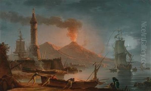 A Nocturnal View Of Mount Vesuvius Erupting Oil Painting by Charles Francois Lacroix