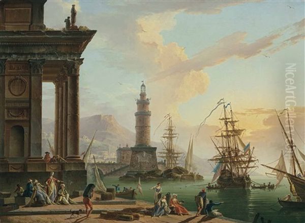 A Mediterranean Port With Elegant Figures In Oriental Costume And Fisherfolk On The Shore, A Dutch Man-o-war Beyond Oil Painting by Charles Francois Lacroix