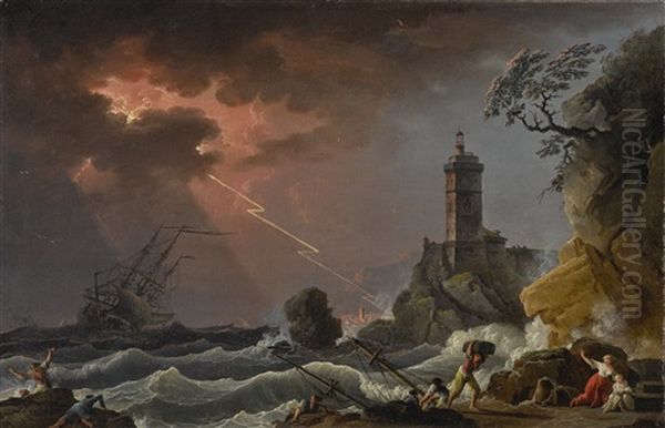 Ships In A Stormy Sea Off A Rocky Coast Oil Painting by Charles Francois Lacroix