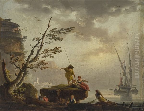 A Harbor View At Dawn With Fisherfolk Oil Painting by Charles Francois Lacroix