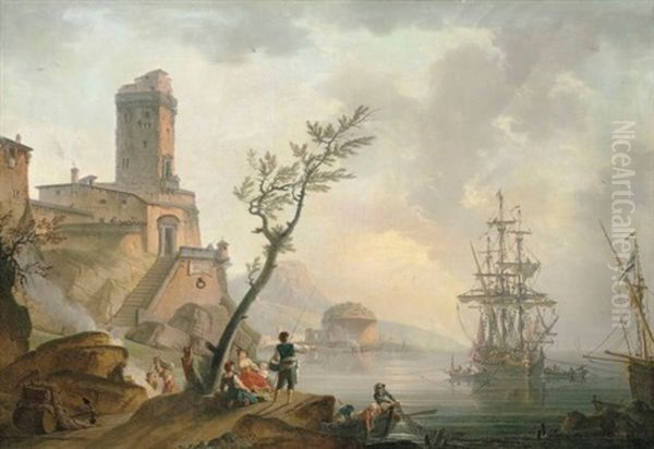 Fishermen And Washerwomen On A Shore In Front Of A Fortified Town Oil Painting by Charles Francois Lacroix