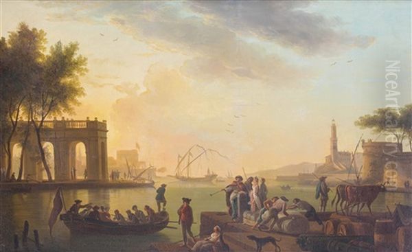 Verschiedene Szenen Zu Lande Und Auf Dem Wasser In Einem Mittelmeerhafen Mit Zahlreichen Gebauden Oil Painting by Charles Francois Lacroix