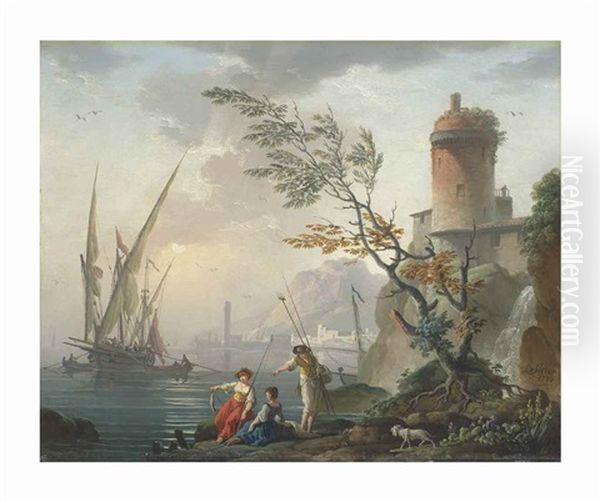 A Mediterranean Seaport With Figures By A Fortified Tower And A Ship At Anchor, A Mountain Beyond Oil Painting by Charles Francois Lacroix