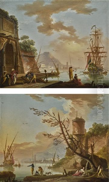 A Mediterranean Port With Turbaned Figures Beneath A Roman Arch, A Man-o'-war At Anchor Beyond; A Mediterranean Port With Fishermen By The Shore And Hauling Nets Oil Painting by Charles Francois Lacroix