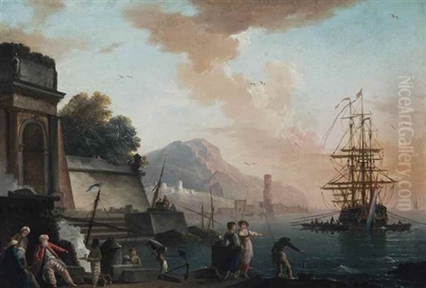 A Mediterranean Harbour Scene At Sunset, With Figures Smoking And Conversing In The Foreground And An Anchored Ship Beyond Oil Painting by Charles Francois Lacroix