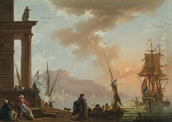 Marchands Orientaux Dans Un Port Mediterraneen Oil Painting by Charles Francois Lacroix