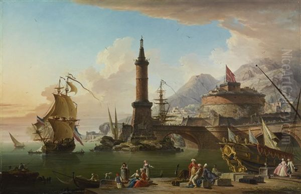 View Of A Mediterranean Seaport At Dusk, With Fishermen And Elegant Figures Gathered Along The Harbor As A Ship Pulls In Oil Painting by Charles Francois Lacroix