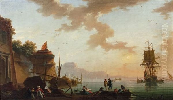 Port Mediterraneen Au Soleil Couchant Oil Painting by Charles Francois Lacroix