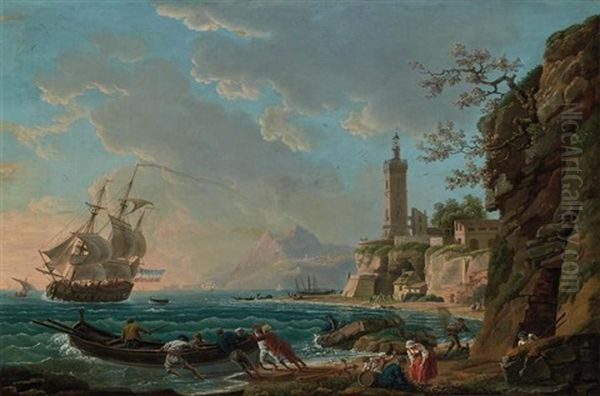 A Mediterranean Coastal Landscape With A Lighthouse, Ship, Smaller Boats And Figures Oil Painting by Charles Francois Lacroix