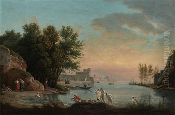 Bathers In A Mediterranean Coastal Landscape At Sunset Oil Painting by Charles Francois Lacroix