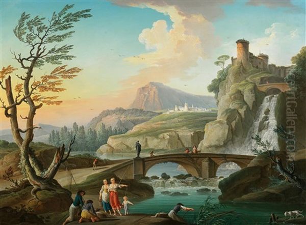 A Rocky River Landscape With Figures And A Bridge Before A Waterfall Oil Painting by Charles Francois Lacroix