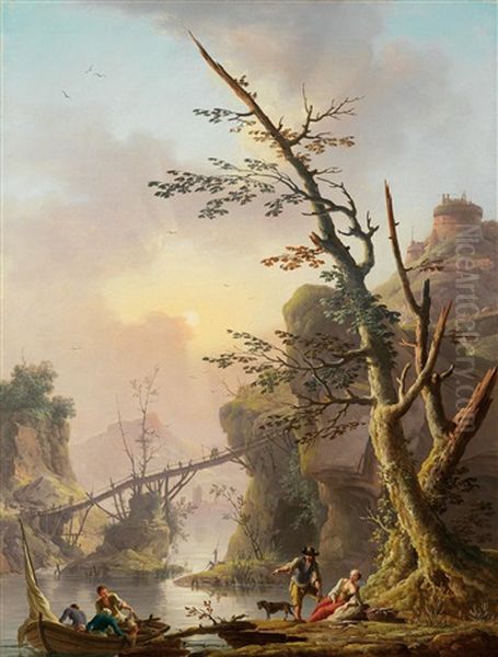 A River Landscape With Fishermen Hauling Their Nets Oil Painting by Charles Francois Lacroix