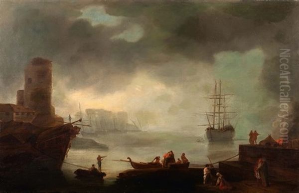 Pecheurs Et Feu De Camp Au Port Oil Painting by Charles Francois Lacroix