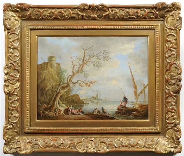 Fisherman On The Shore Oil Painting by Charles Francois Lacroix