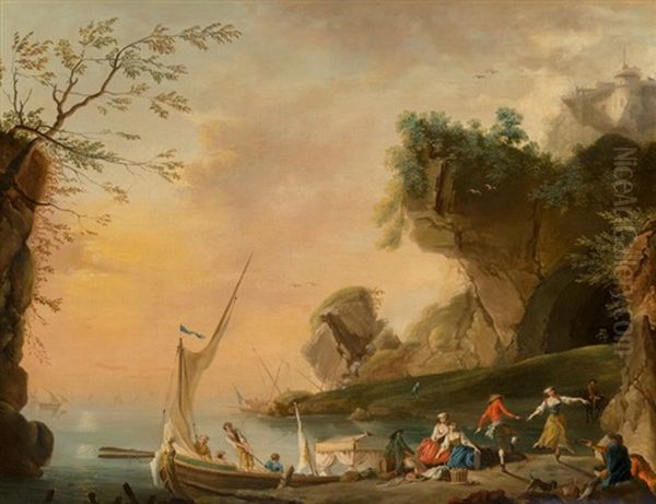 A Mediterranean Coastal Landscape With Boats And Figures Oil Painting by Charles Francois Lacroix