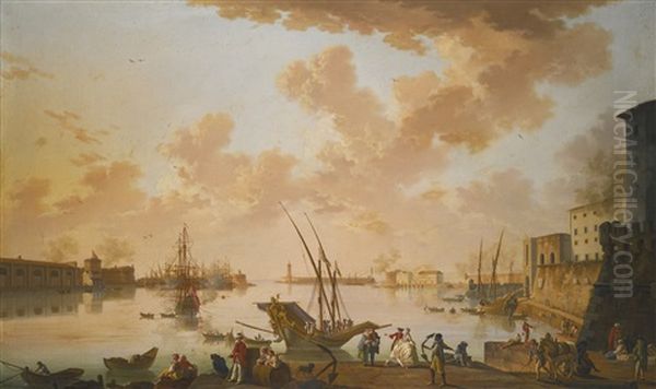 View Of Civitavecchia, 'port Of Rome', With Boats In The Harbour And Figures On The Quay Oil Painting by Charles Francois Lacroix